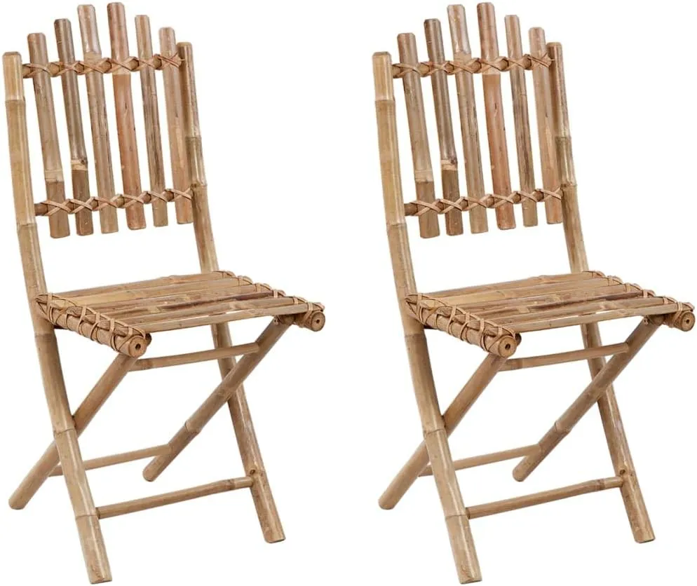 2-Pack Bamboo Folding Patio Chairs with Taupe Cushions, Outdoor Furniture Set for Garden Dining, Poolside Lounging and Backyard Relaxation
