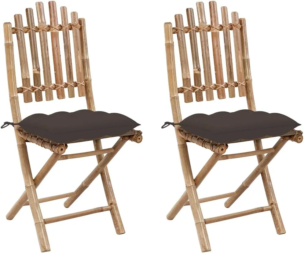 2-Pack Bamboo Folding Patio Chairs with Taupe Cushions, Outdoor Furniture Set for Garden Dining, Poolside Lounging and Backyard Relaxation
