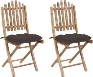 2-Pack Bamboo Folding Patio Chairs with Taupe Cushions, Outdoor Furniture Set for Garden Dining, Poolside Lounging and Backyard Relaxation