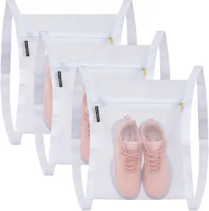 3 Pcs Reusable Shoe Dryer Mesh Bags, Honeycomb Net Laundry Bags with Zipper & Strap for Washing Machine, Clothing, White