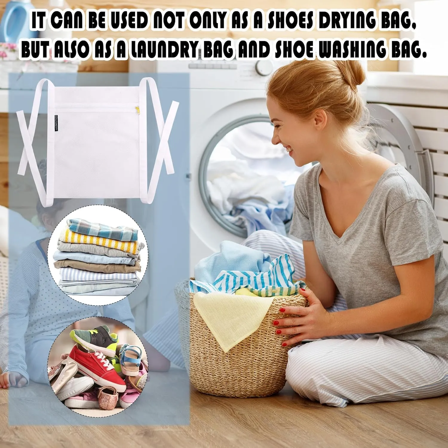 3 Pcs Reusable Shoe Dryer Mesh Bags, Honeycomb Net Laundry Bags with Zipper & Strap for Washing Machine, Clothing, White