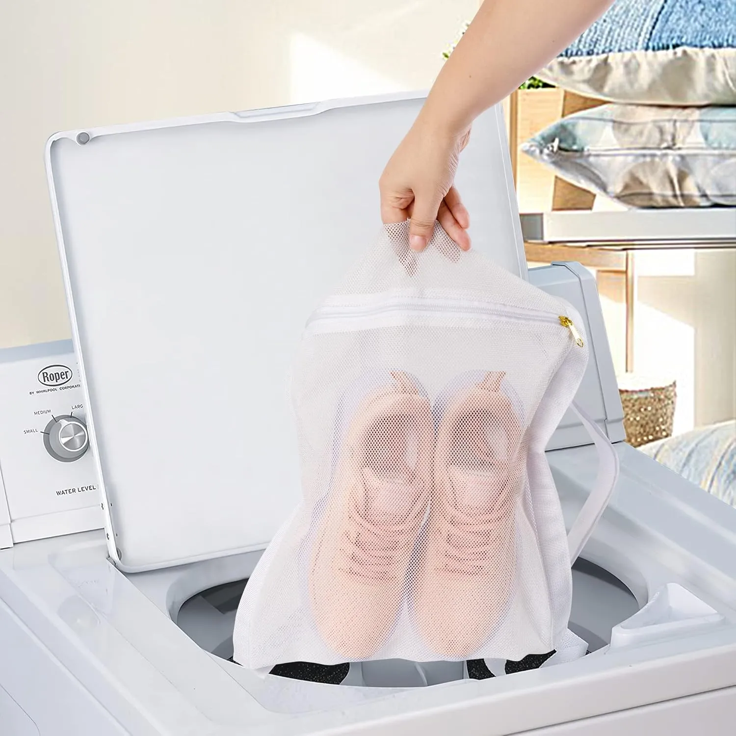3 Pcs Reusable Shoe Dryer Mesh Bags, Honeycomb Net Laundry Bags with Zipper & Strap for Washing Machine, Clothing, White