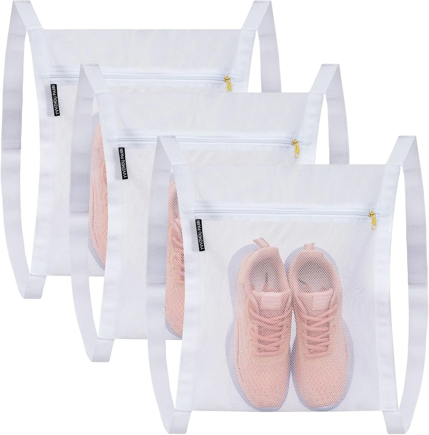 3 Pcs Reusable Shoe Dryer Mesh Bags, Honeycomb Net Laundry Bags with Zipper & Strap for Washing Machine, Clothing, White