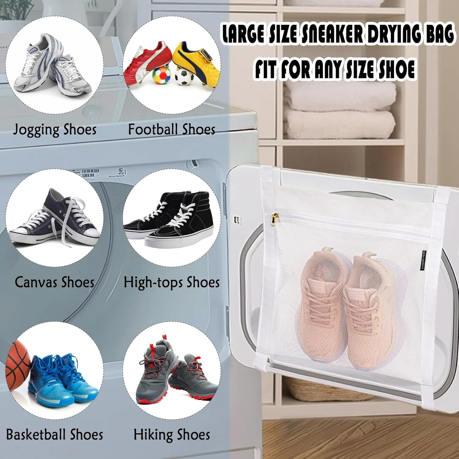3 Pcs Reusable Shoe Dryer Mesh Bags, Honeycomb Net Laundry Bags with Zipper & Strap for Washing Machine, Clothing, White
