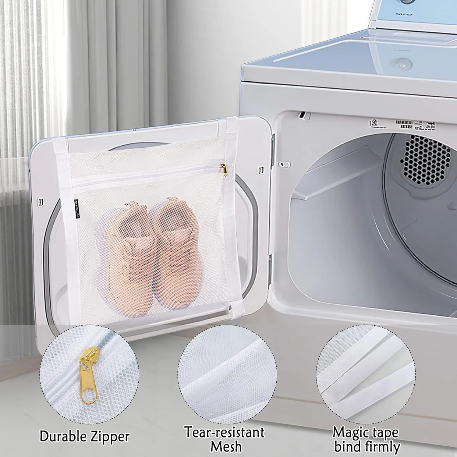 3 Pcs Reusable Shoe Dryer Mesh Bags, Honeycomb Net Laundry Bags with Zipper & Strap for Washing Machine, Clothing, White