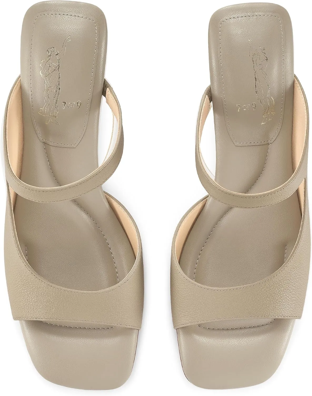 7or9 Women Sofa Sandals Comfortable Lambskin Slide Heeled Sandals Dressy Square Toe Block High Heels Strap Sandals