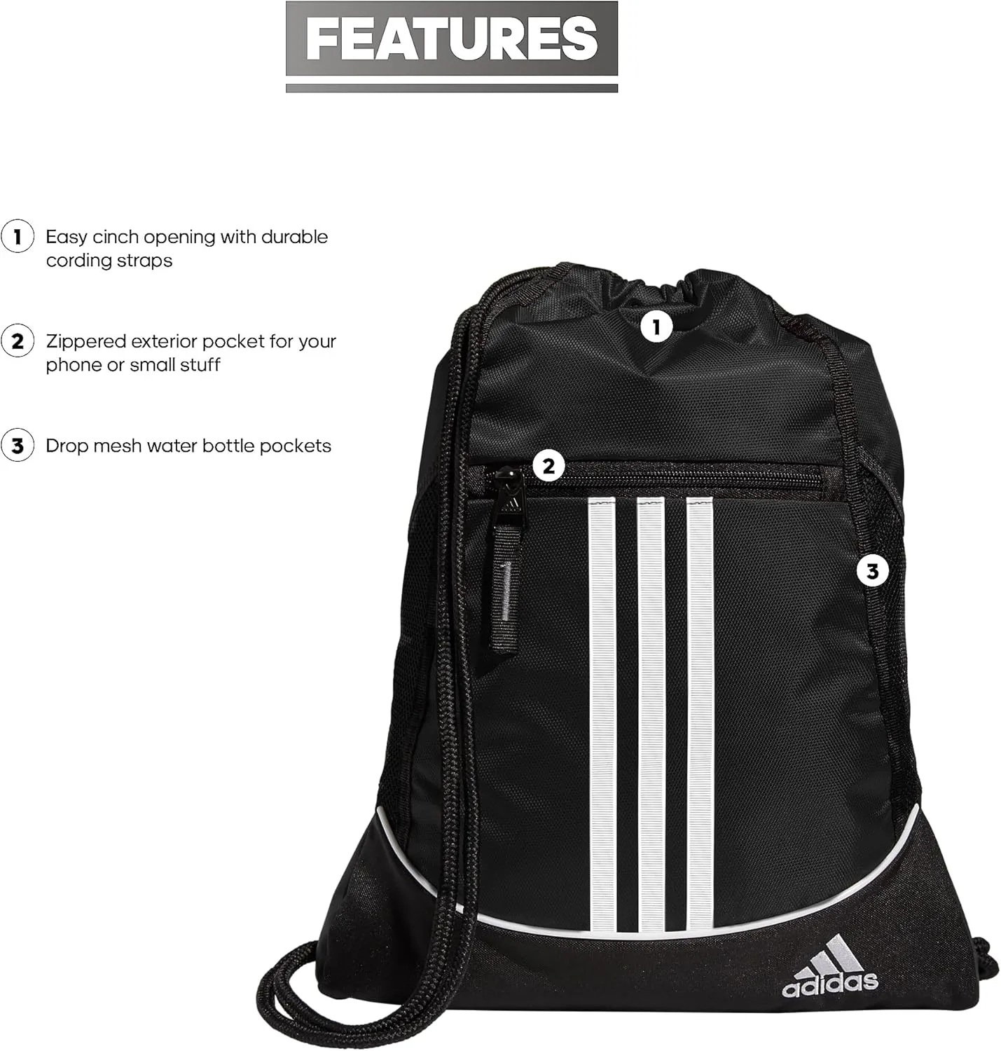 adidas Alliance Sackpack, Drawstring, Lightweight Small Gym Bag for Women, Soccer Backpack, Black, One Size