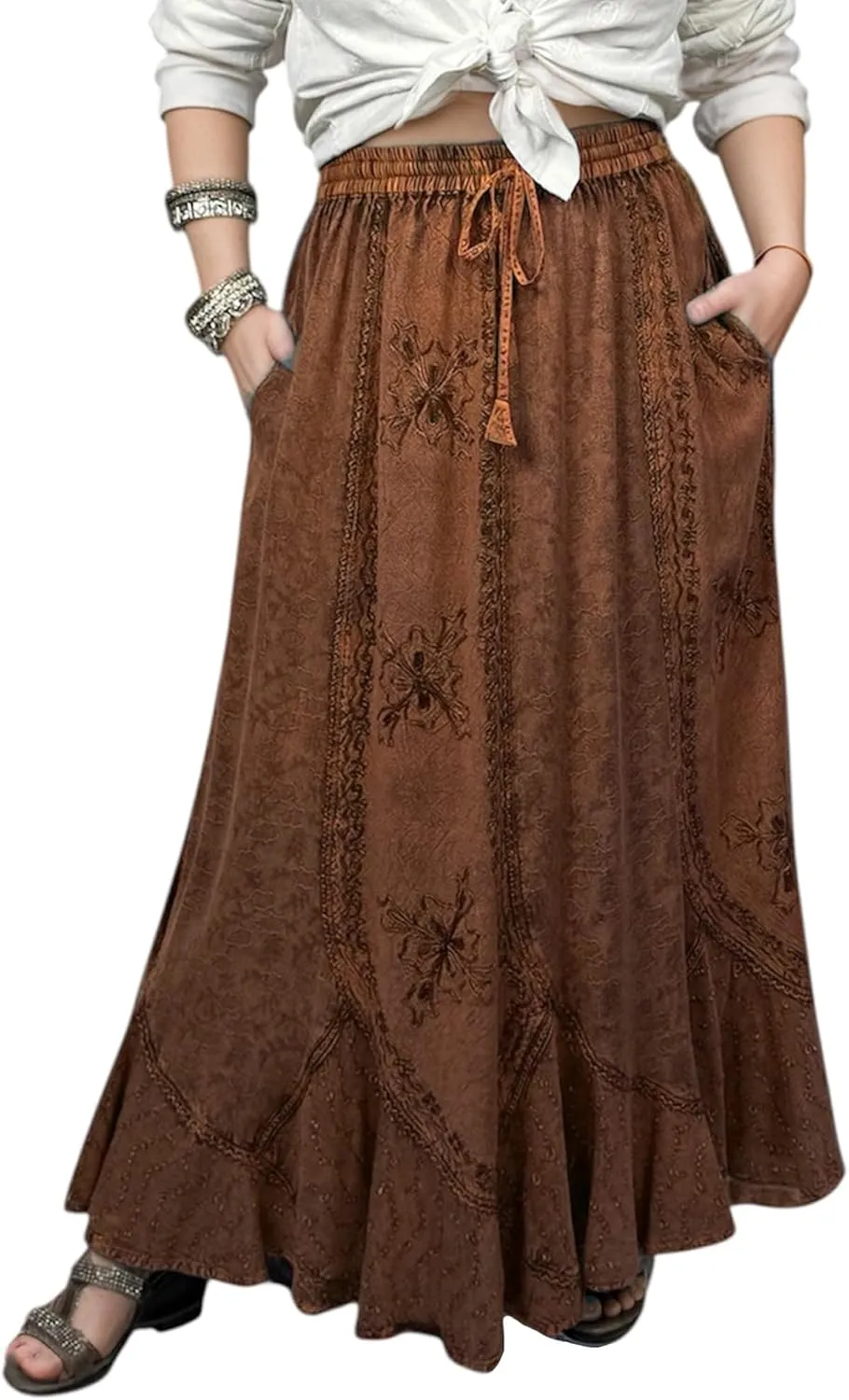 Agan Traders Women's 2025 Summer Medieval High Waisted Maxi Skirts for Women - A Line Drawstring Embroidered Long Maxi Skirt
