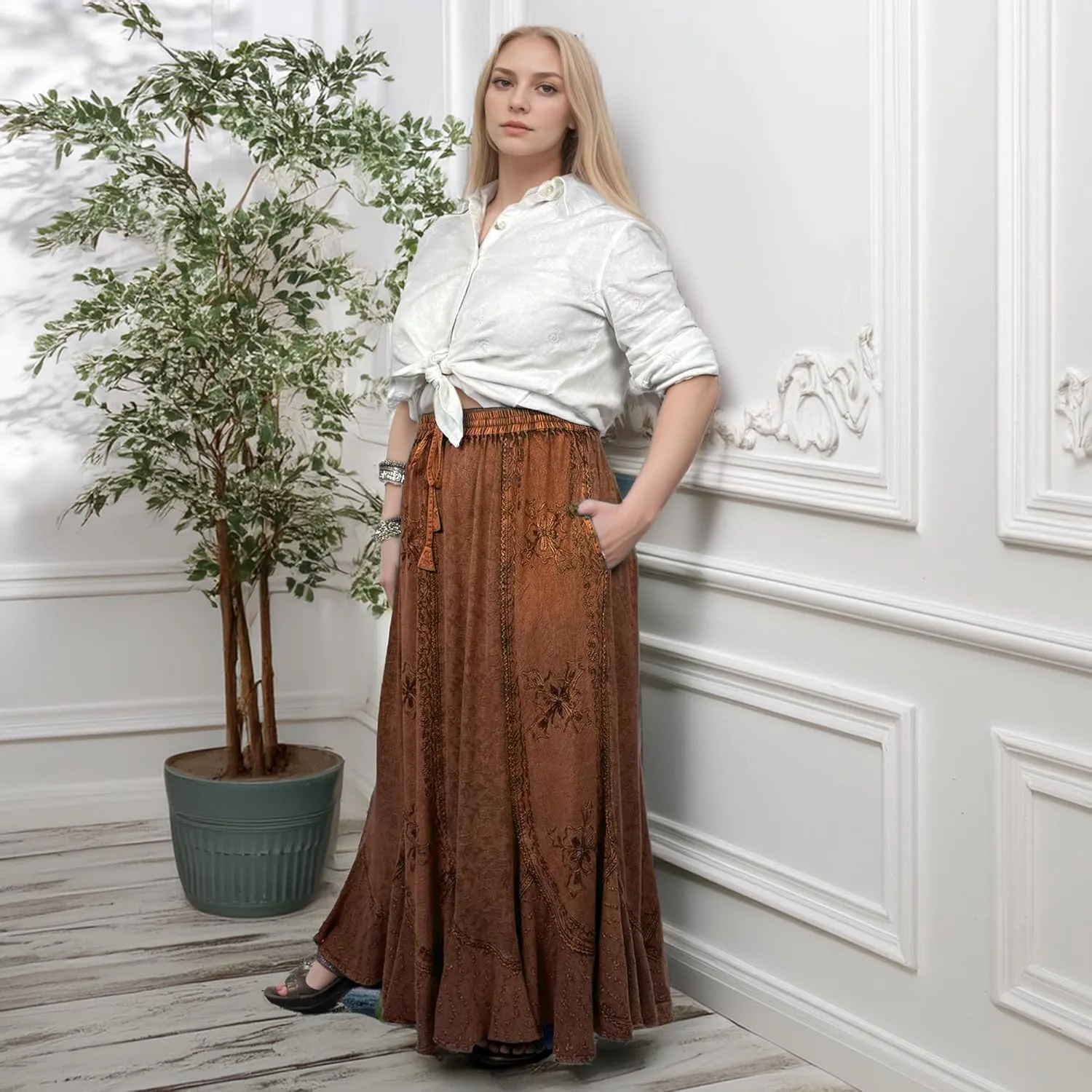 Agan Traders Women's 2025 Summer Medieval High Waisted Maxi Skirts for Women - A Line Drawstring Embroidered Long Maxi Skirt