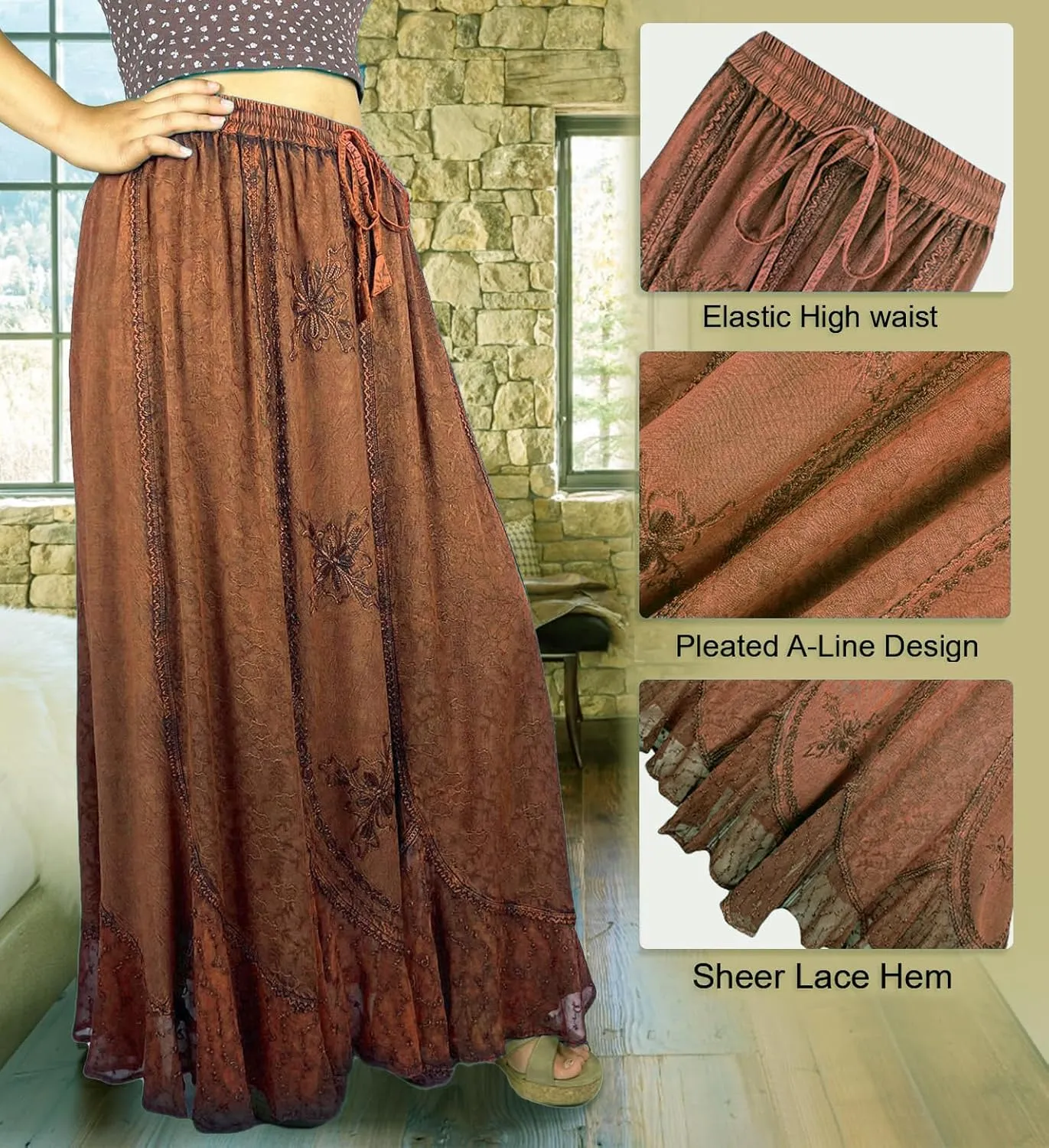 Agan Traders Women's 2025 Summer Medieval High Waisted Maxi Skirts for Women - A Line Drawstring Embroidered Long Maxi Skirt