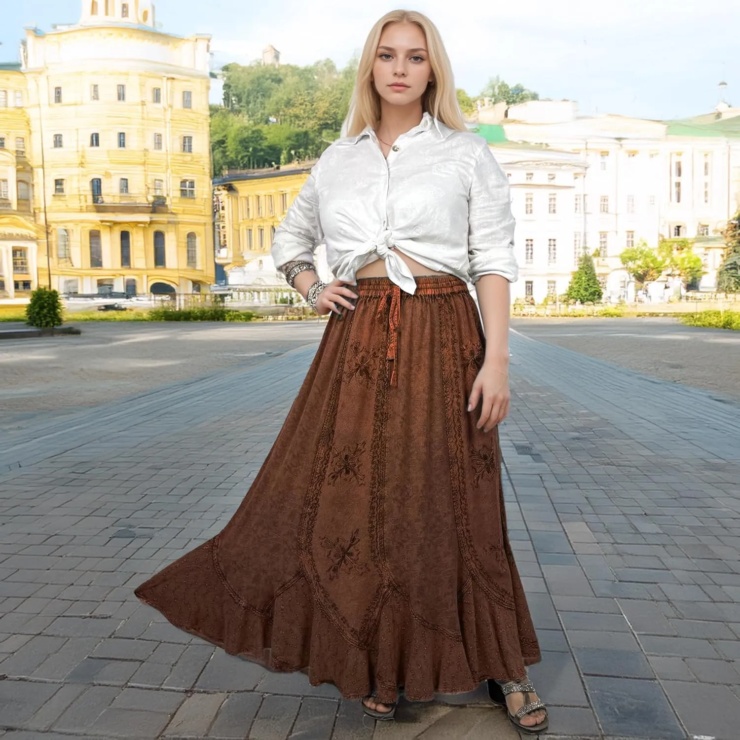 Agan Traders Women's 2025 Summer Medieval High Waisted Maxi Skirts for Women - A Line Drawstring Embroidered Long Maxi Skirt