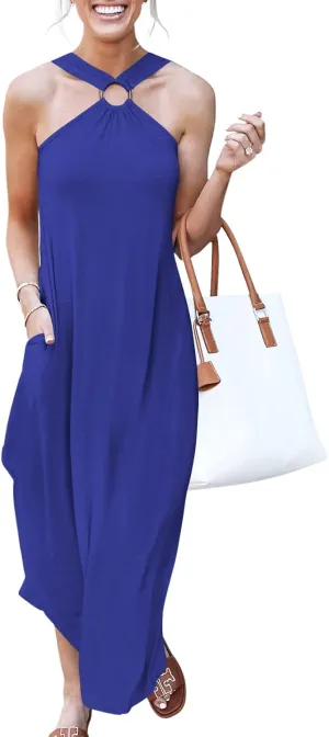 ANRABESS Women Summer Halter Neck Sundress Sleeveless Split Side Casual Beach Travel Vacation Maxi Long Dress with Pockets