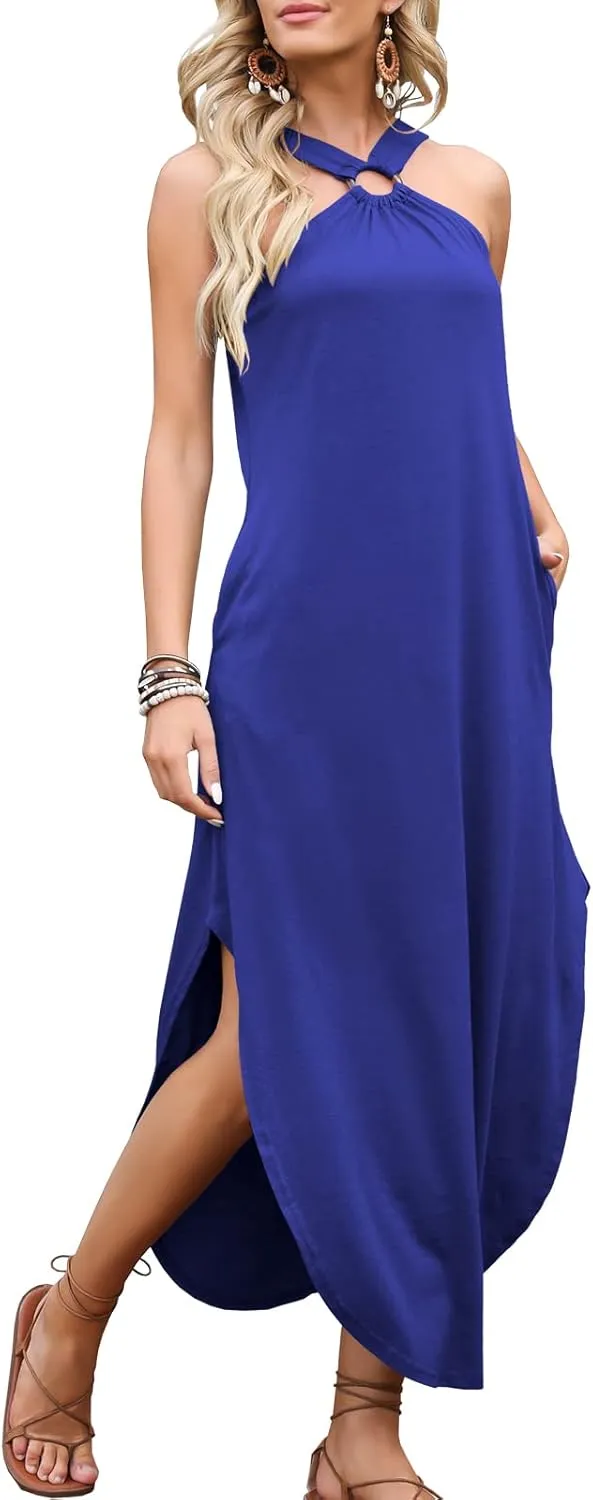 ANRABESS Women Summer Halter Neck Sundress Sleeveless Split Side Casual Beach Travel Vacation Maxi Long Dress with Pockets