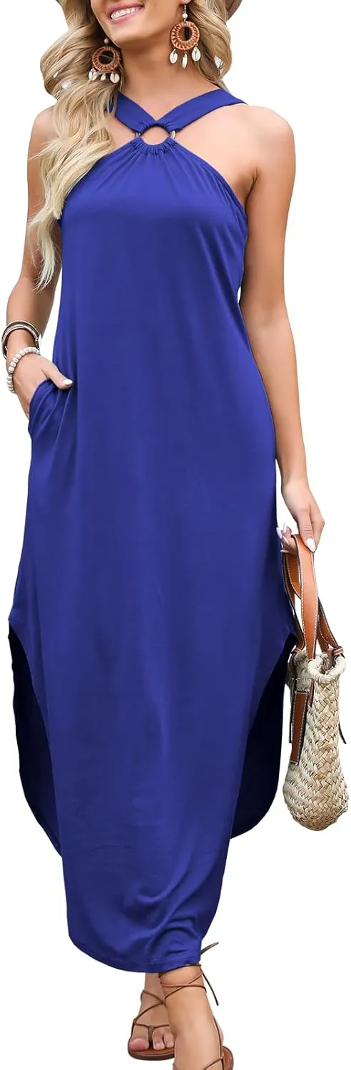 ANRABESS Women Summer Halter Neck Sundress Sleeveless Split Side Casual Beach Travel Vacation Maxi Long Dress with Pockets