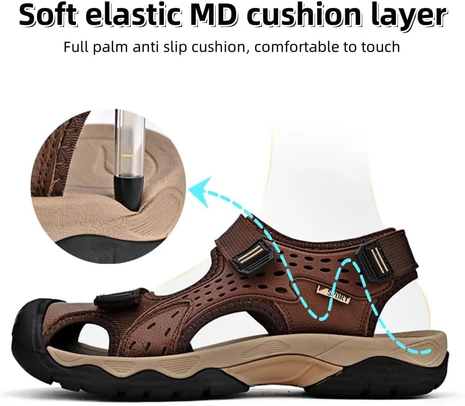 Asifn Men's Casual Sandals Closed Toe Outdoor Athletic Hiking Walking Lightweight Leather Breathable Non-slip Beach Water Shoes