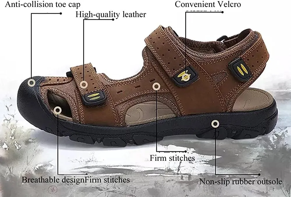 Asifn Men's Sports Hiking Sandals Adjustable Casual Athletic Fisherman Beach Leather Closed Toe Anti Collision Summer