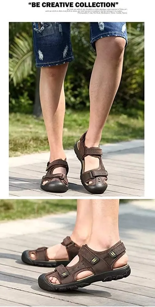 Asifn Men's Sports Hiking Sandals Adjustable Casual Athletic Fisherman Beach Leather Closed Toe Anti Collision Summer