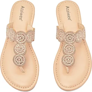 Ataiwee Women's Flat Slide Sandals - Casual Bling Bohemian Thong Slip on Summer Flat Sandals.