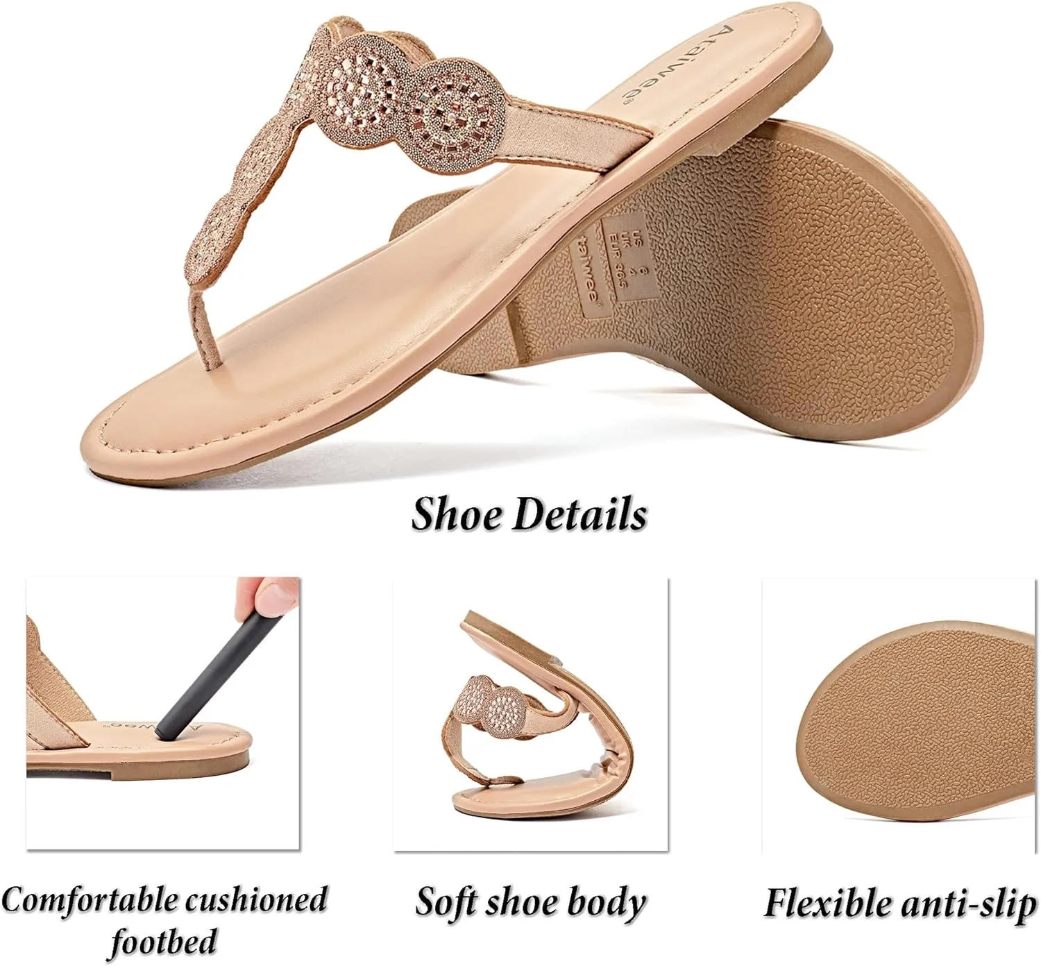 Ataiwee Women's Flat Slide Sandals - Casual Bling Bohemian Thong Slip on Summer Flat Sandals.