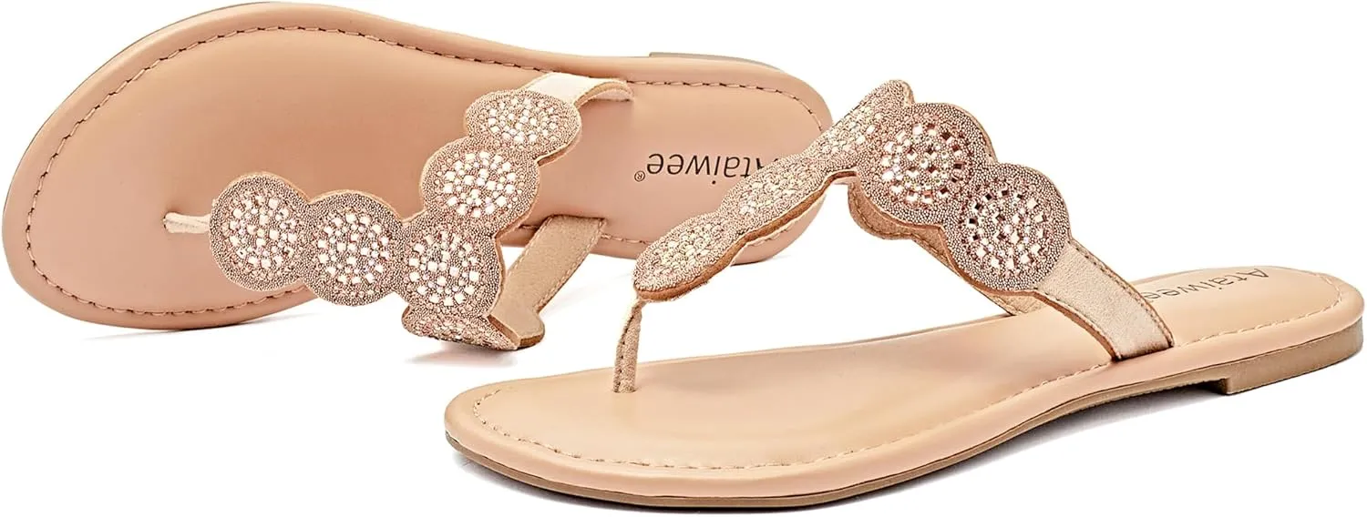Ataiwee Women's Flat Slide Sandals - Casual Bling Bohemian Thong Slip on Summer Flat Sandals.