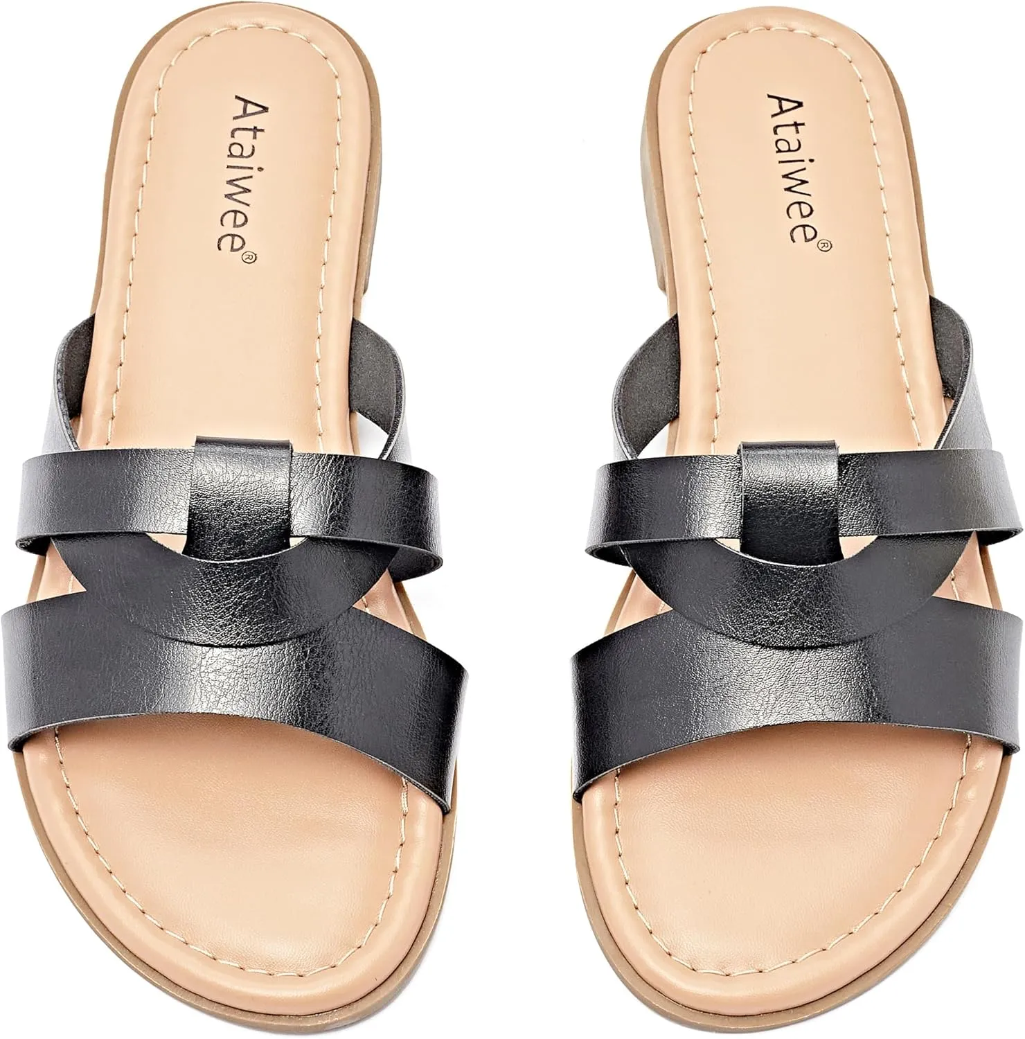 Ataiwee Women's Flat Slide Sandals - Fashion Slip On Flat Summer Shoes.