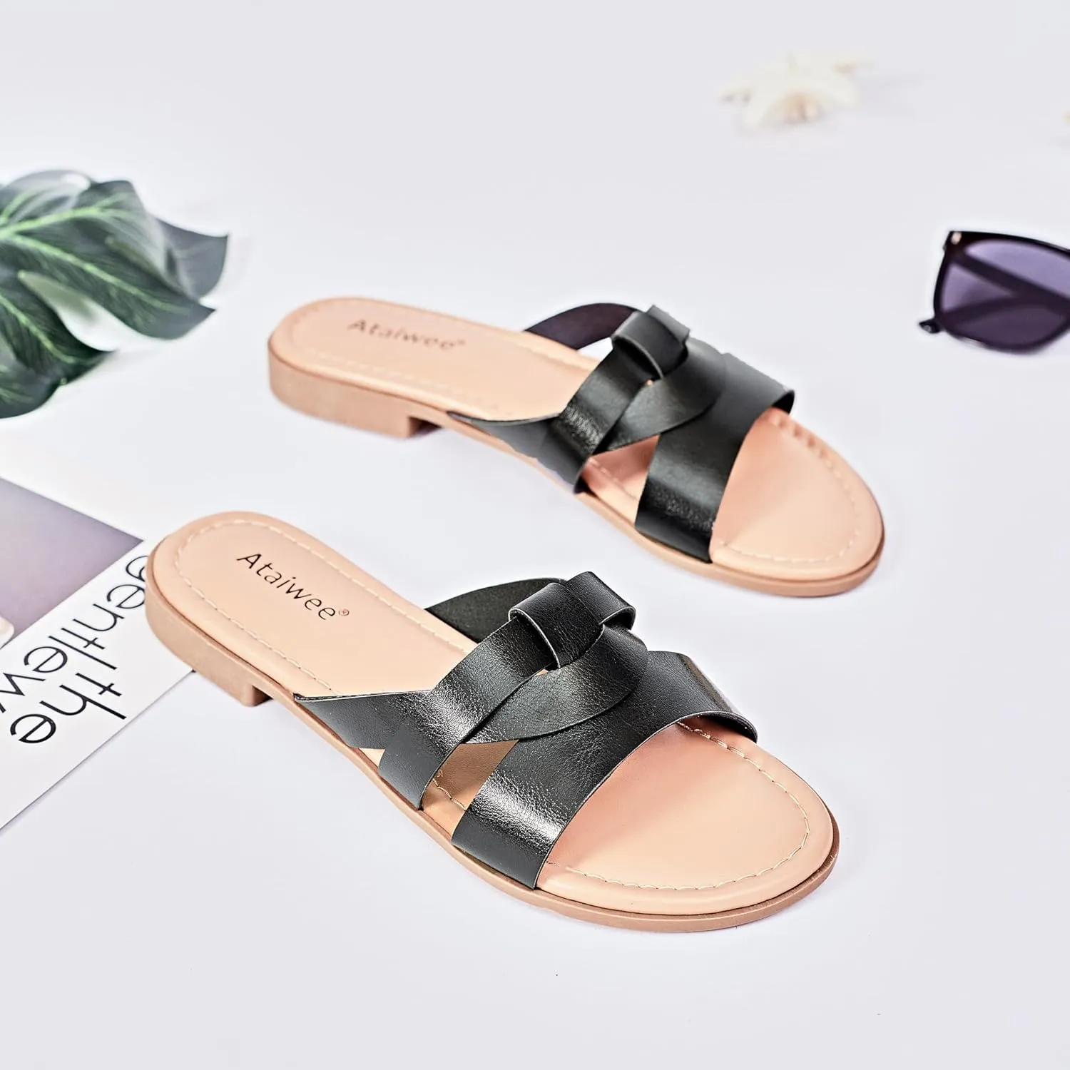 Ataiwee Women's Flat Slide Sandals - Fashion Slip On Flat Summer Shoes.