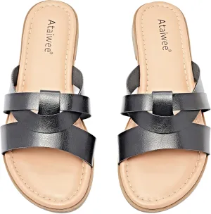 Ataiwee Women's Flat Slide Sandals - Fashion Slip On Flat Summer Shoes.