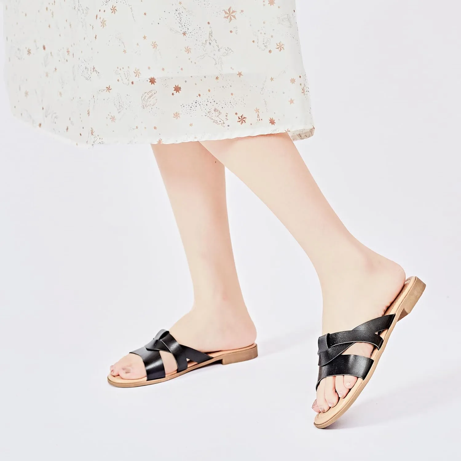 Ataiwee Women's Flat Slide Sandals - Fashion Slip On Flat Summer Shoes.