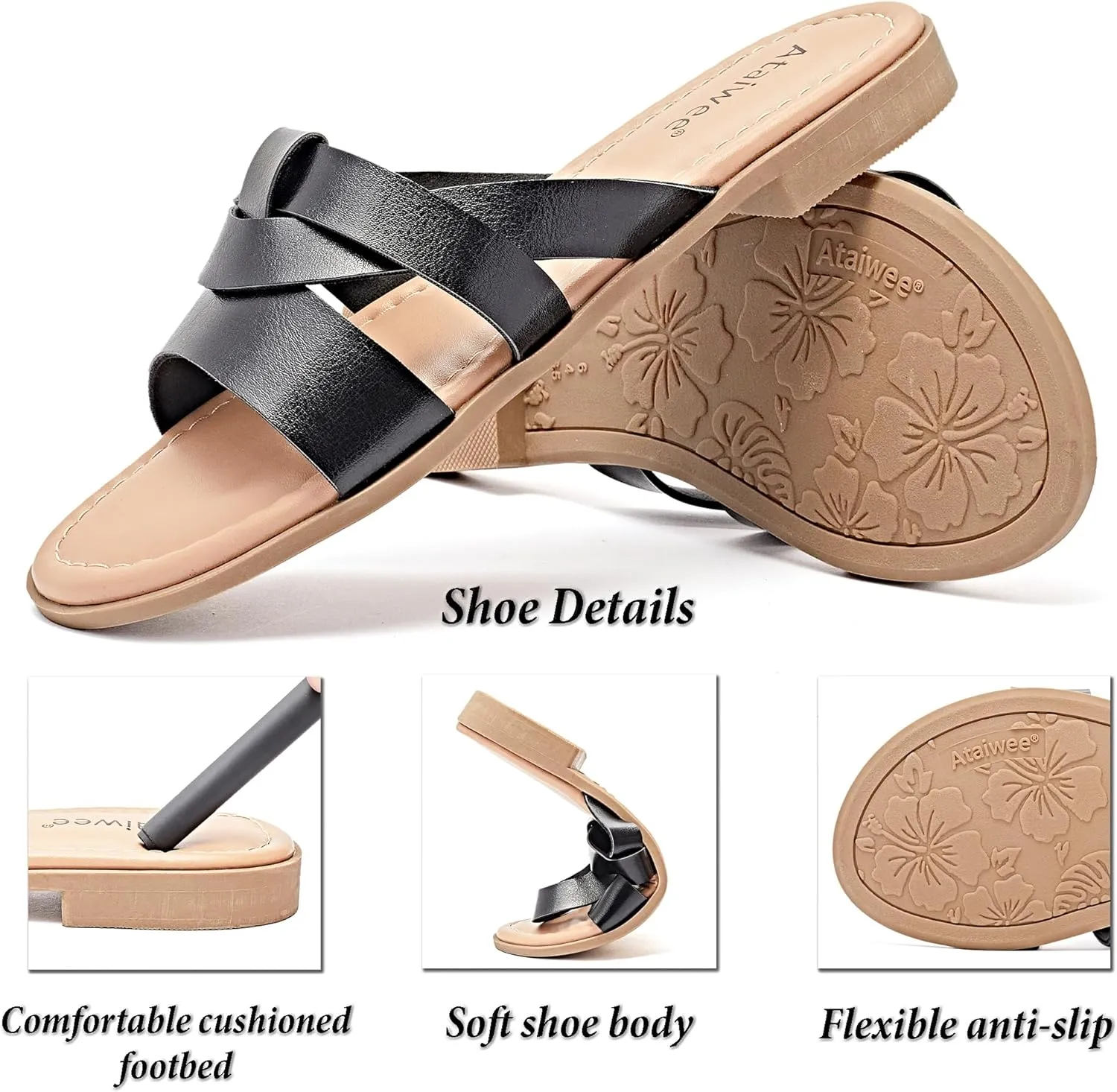 Ataiwee Women's Flat Slide Sandals - Fashion Slip On Flat Summer Shoes.