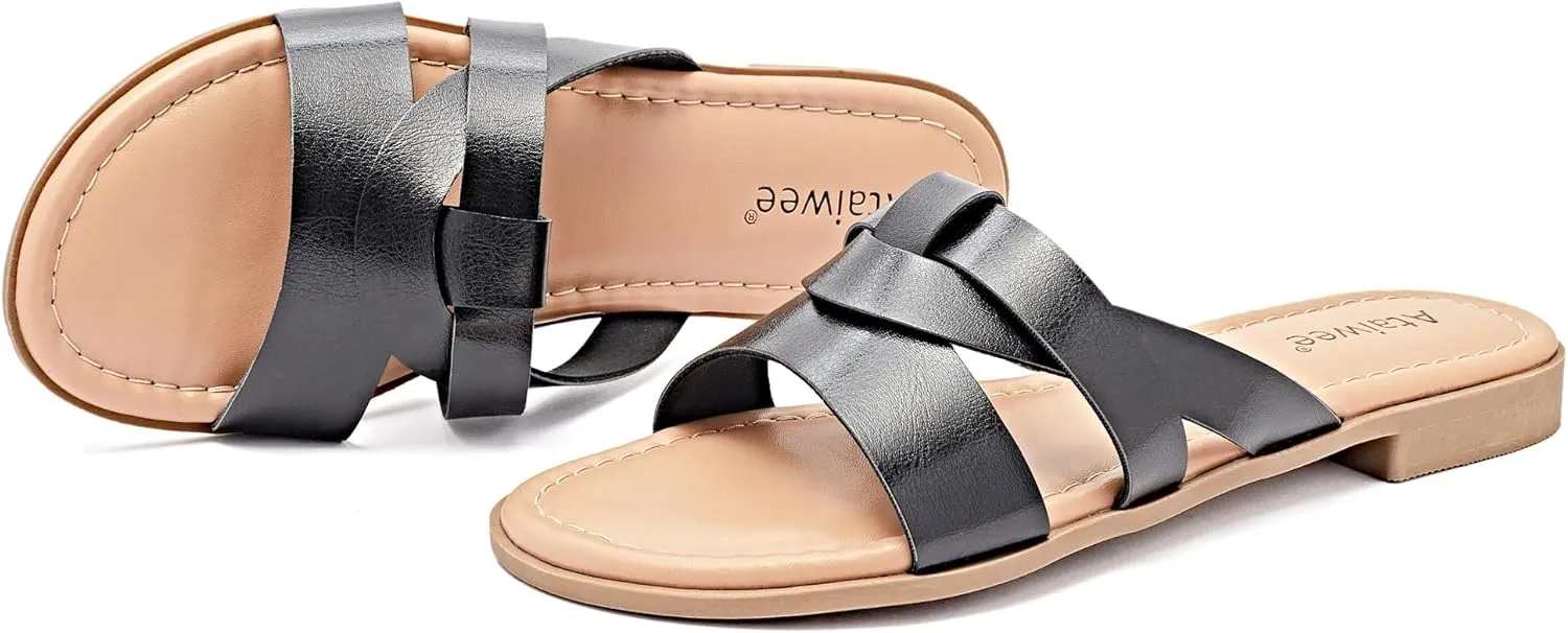 Ataiwee Women's Flat Slide Sandals - Fashion Slip On Flat Summer Shoes.