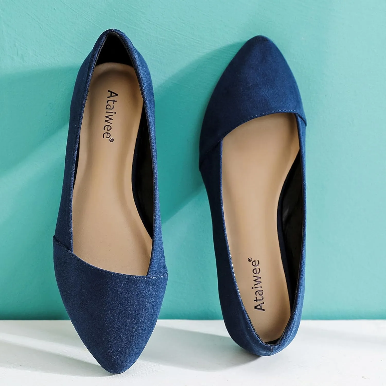 Ataiwee Women's Wide Width Flat Shoes, Classic Dressy Pointed Suede Cozy Slip on Soft Ballet Flats.