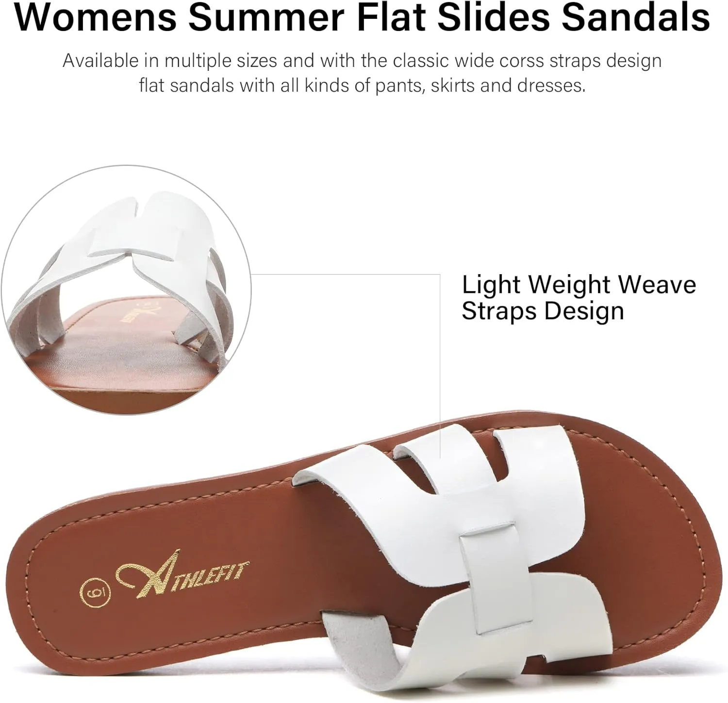 Athlefit Women's Flat Sandals Summer Casual Slip On Leather Slide Sandal