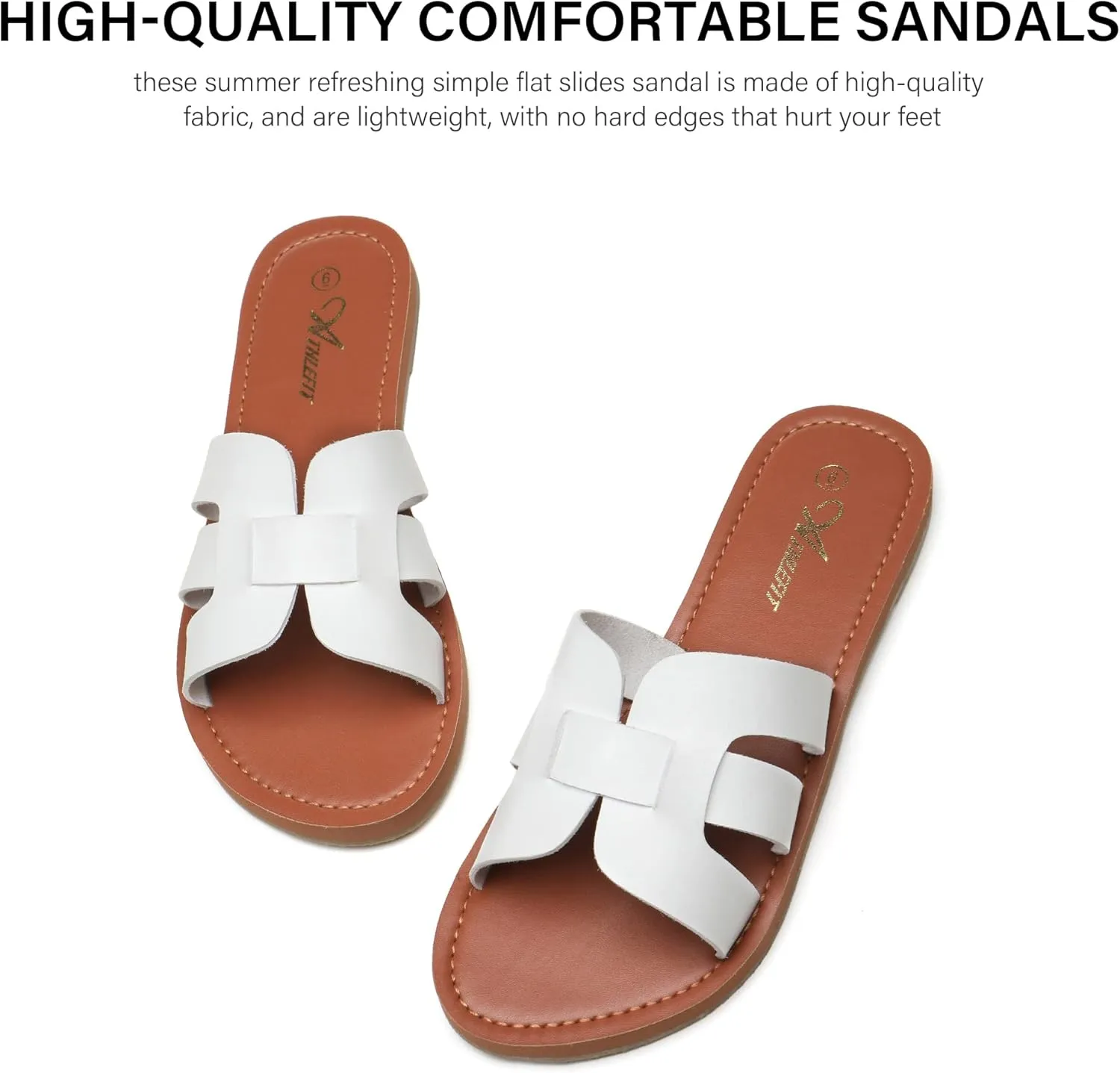 Athlefit Women's Flat Sandals Summer Casual Slip On Leather Slide Sandal