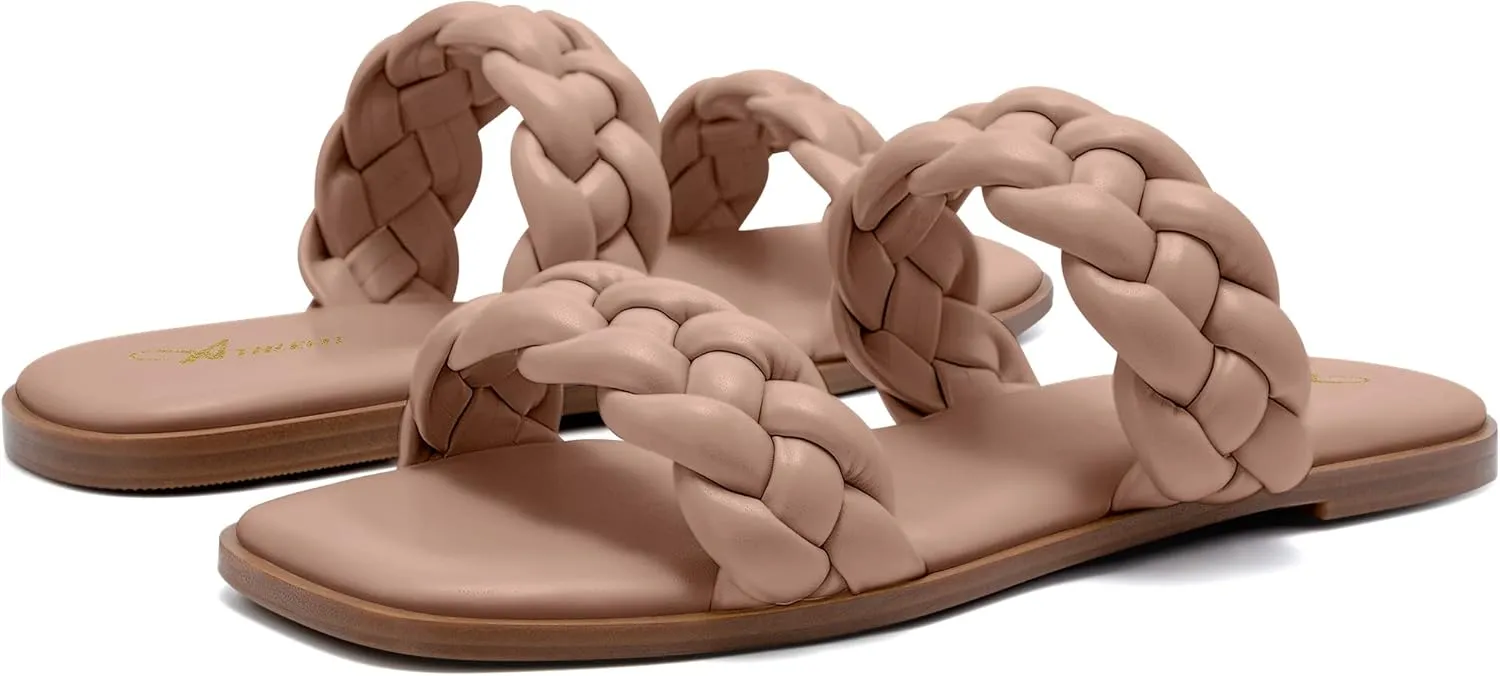 Athlefit Women's Square Open Toe Braided Sandals Slip On Low Block Heel Slide Sandals