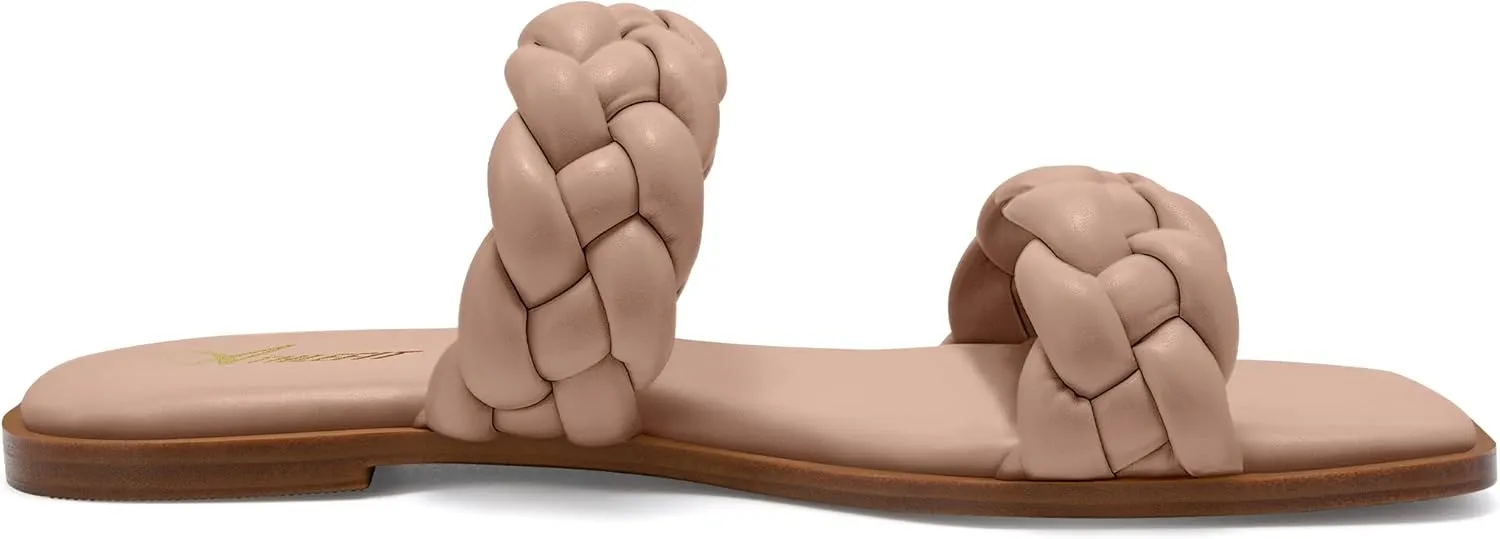 Athlefit Women's Square Open Toe Braided Sandals Slip On Low Block Heel Slide Sandals