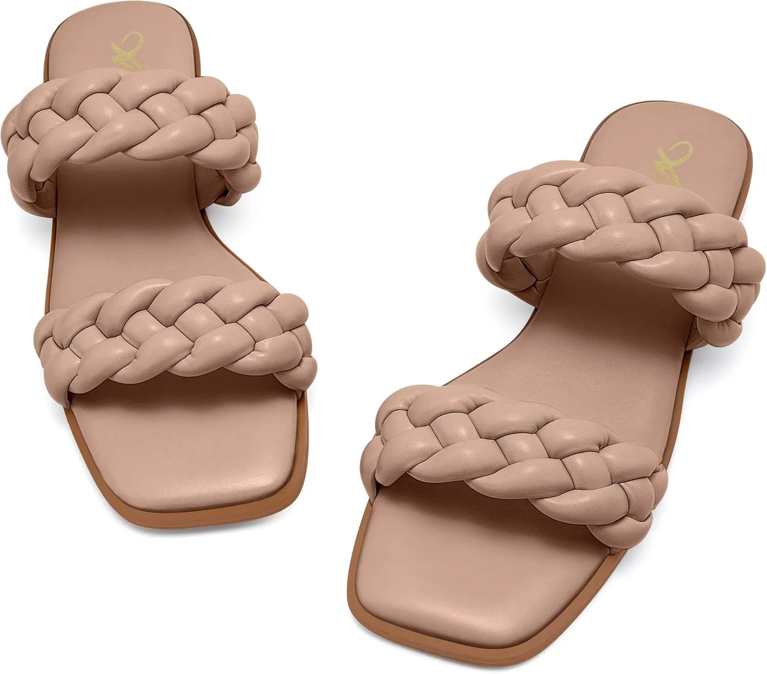 Athlefit Women's Square Open Toe Braided Sandals Slip On Low Block Heel Slide Sandals