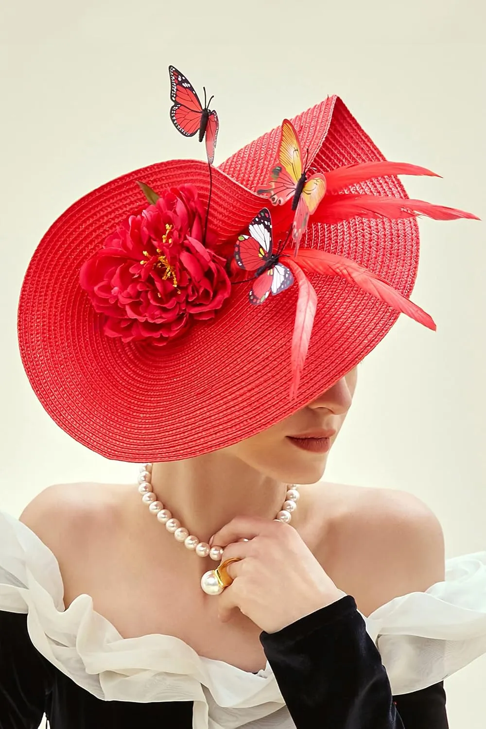 BABEYOND Tea Party Fascinator Hat for Women Kentucky Headwear Derby Wide Brim Butterfly Church Hat for Cocktail Wedding