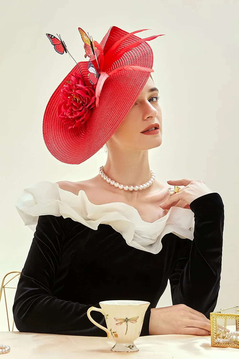 BABEYOND Tea Party Fascinator Hat for Women Kentucky Headwear Derby Wide Brim Butterfly Church Hat for Cocktail Wedding
