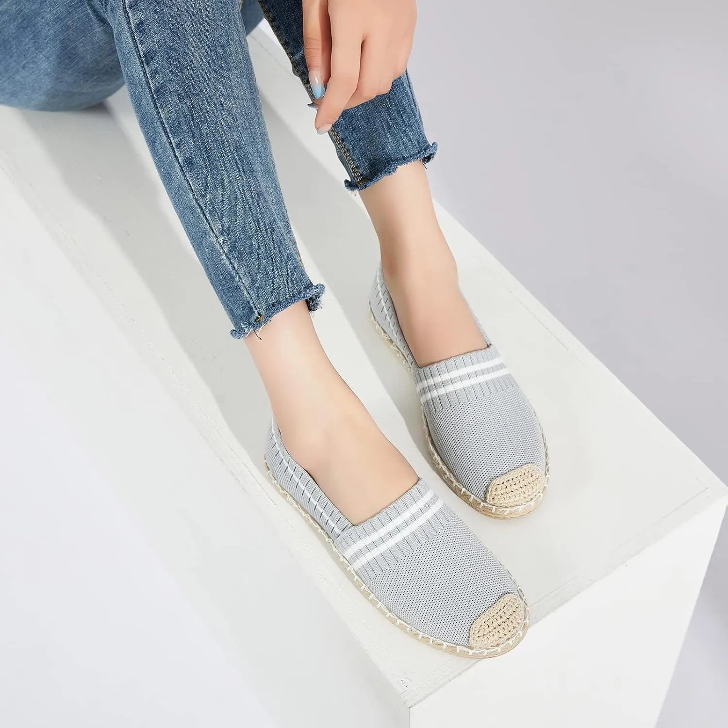 BABUDOG Womens Espadrilles Breathable Flats Shoes Mesh Slip on Loafers Soft White Flats