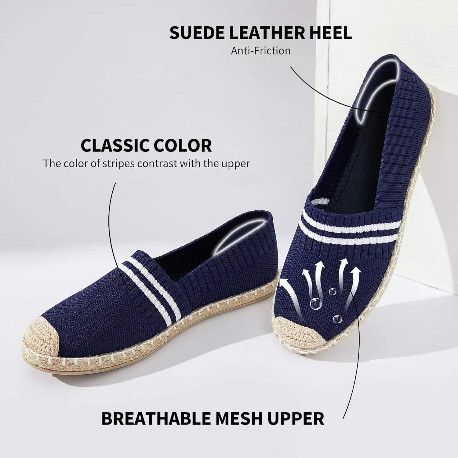 BABUDOG Womens Espadrilles Breathable Flats Shoes Mesh Slip on Loafers Soft White Flats