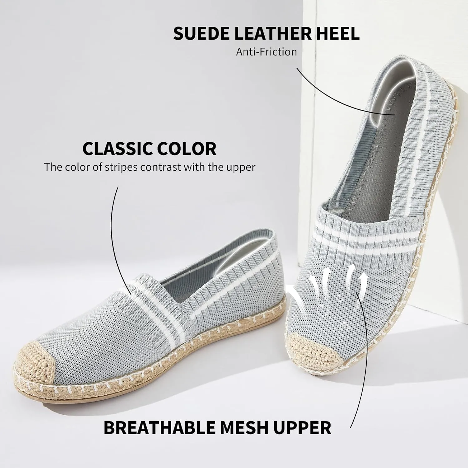 BABUDOG Womens Espadrilles Breathable Flats Shoes Mesh Slip on Loafers Soft White Flats