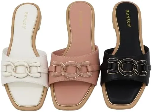 BAMBOO® Women's Square Toe Chain Band Slip On Flat Sandals