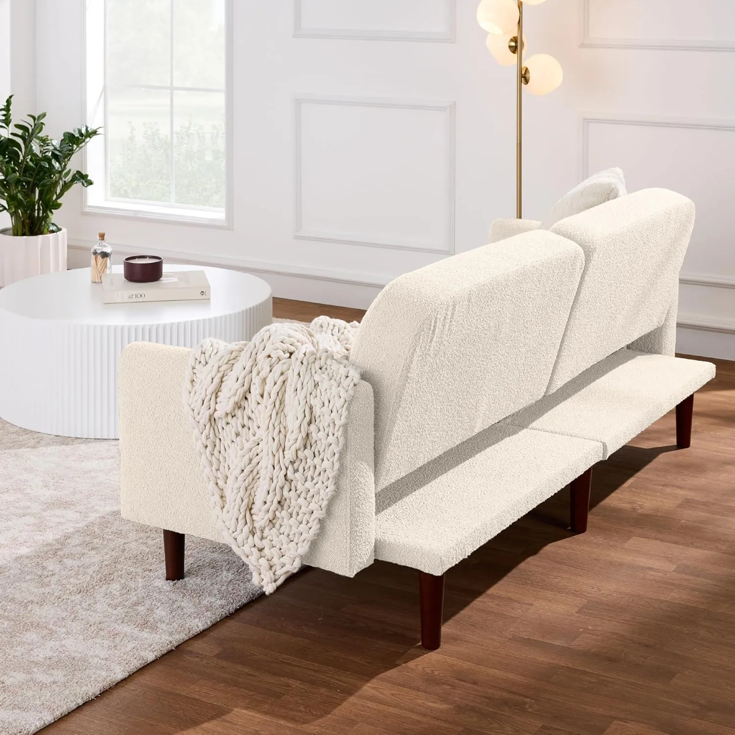 Best Choice Products 77" Mid Century Modern Boucle Loveseat Sofa, Couch, Convertible Sofa Sleeper Bed w/Real Wood, Removable Armrest - Ivory