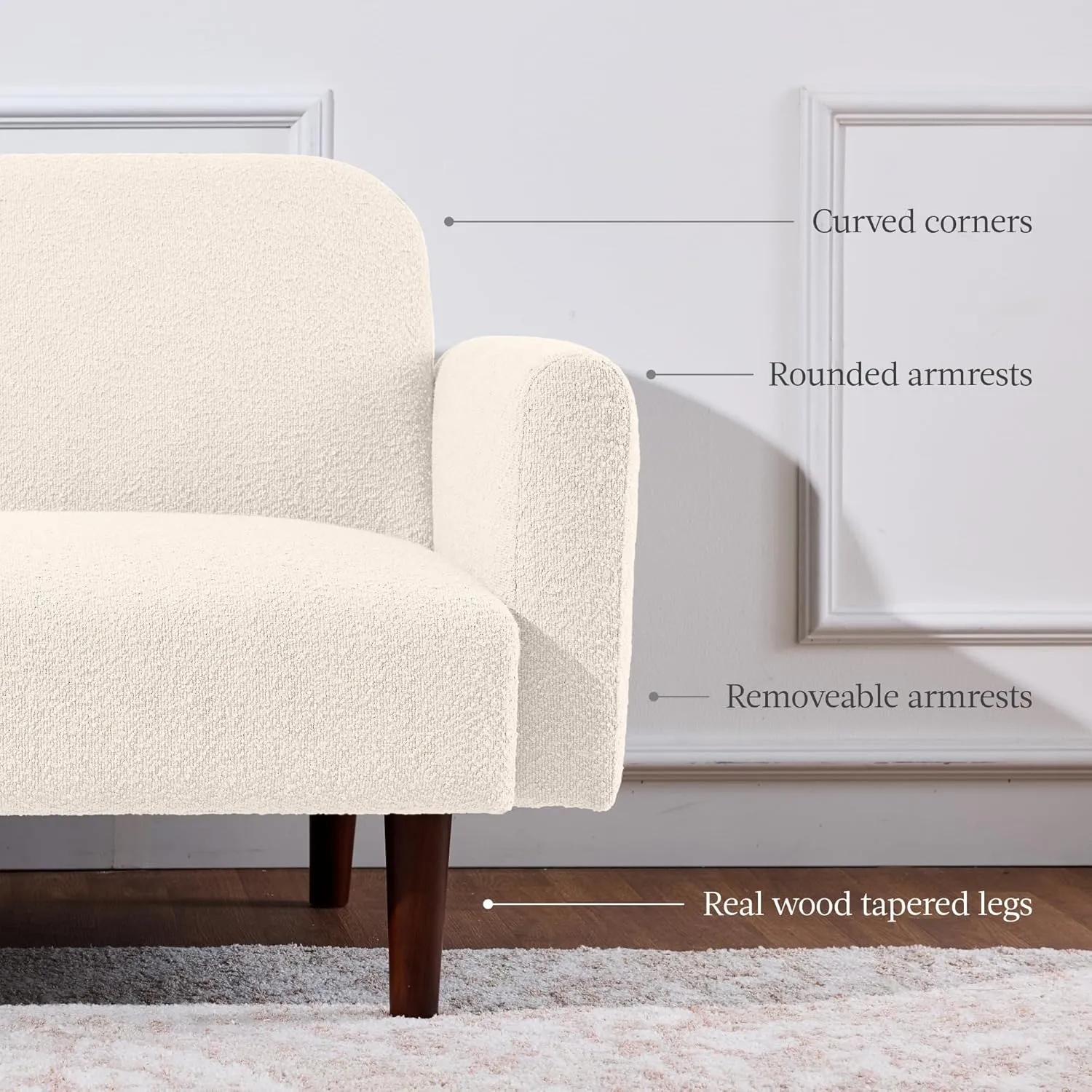 Best Choice Products 77" Mid Century Modern Boucle Loveseat Sofa, Couch, Convertible Sofa Sleeper Bed w/Real Wood, Removable Armrest - Ivory