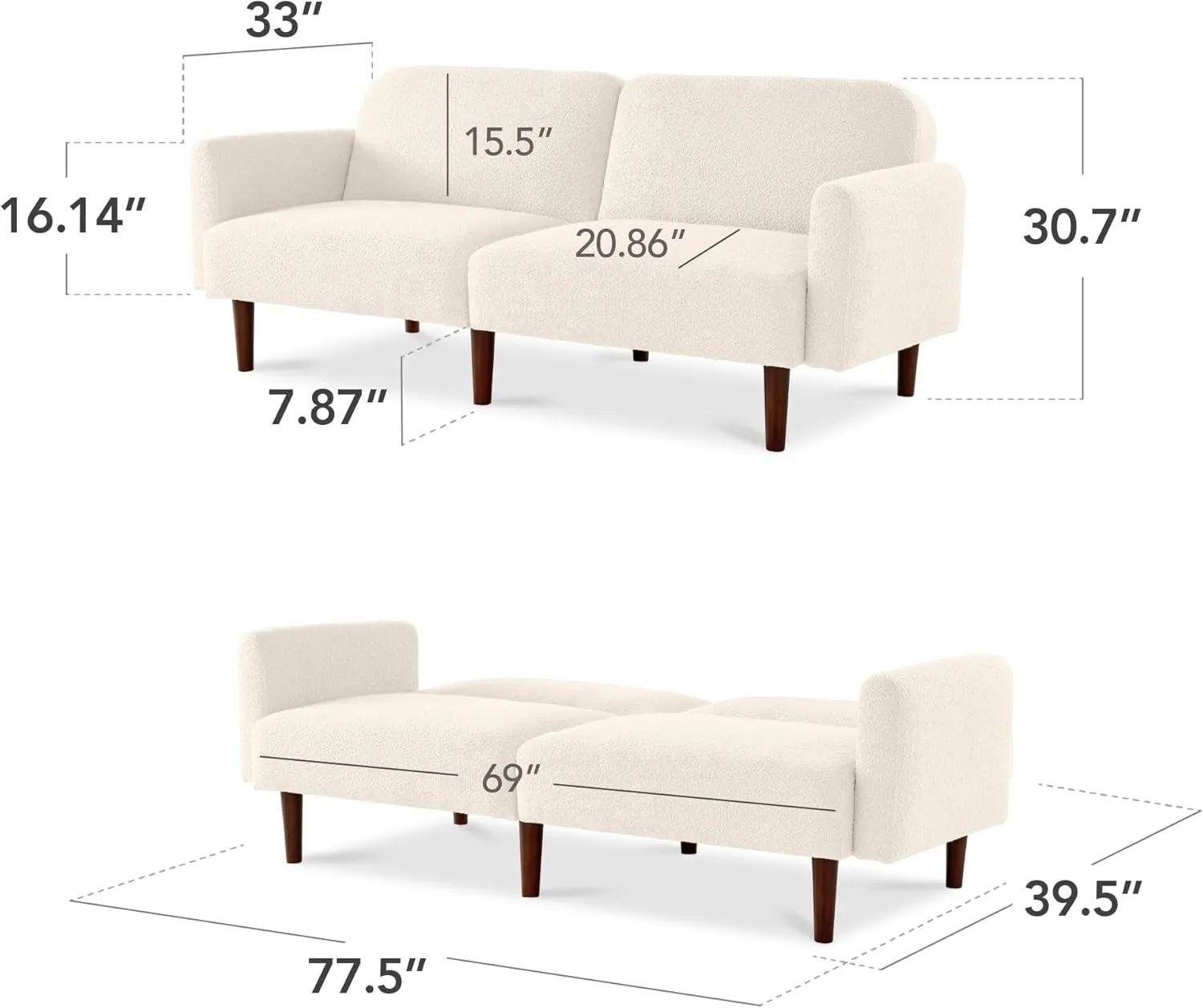 Best Choice Products 77" Mid Century Modern Boucle Loveseat Sofa, Couch, Convertible Sofa Sleeper Bed w/Real Wood, Removable Armrest - Ivory