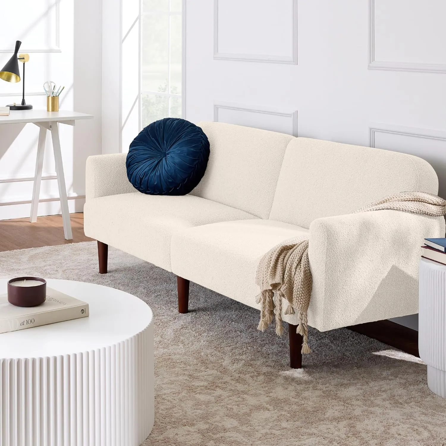 Best Choice Products 77" Mid Century Modern Boucle Loveseat Sofa, Couch, Convertible Sofa Sleeper Bed w/Real Wood, Removable Armrest - Ivory