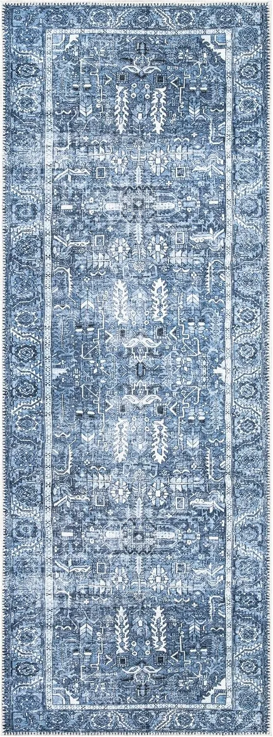 Bloom Rugs Washable Non-Slip 7 ft Runner - Blue Traditional Runner for Entryway, Hallway, Bathroom, and Kitchen - Exact Size: 2.5' x 7'