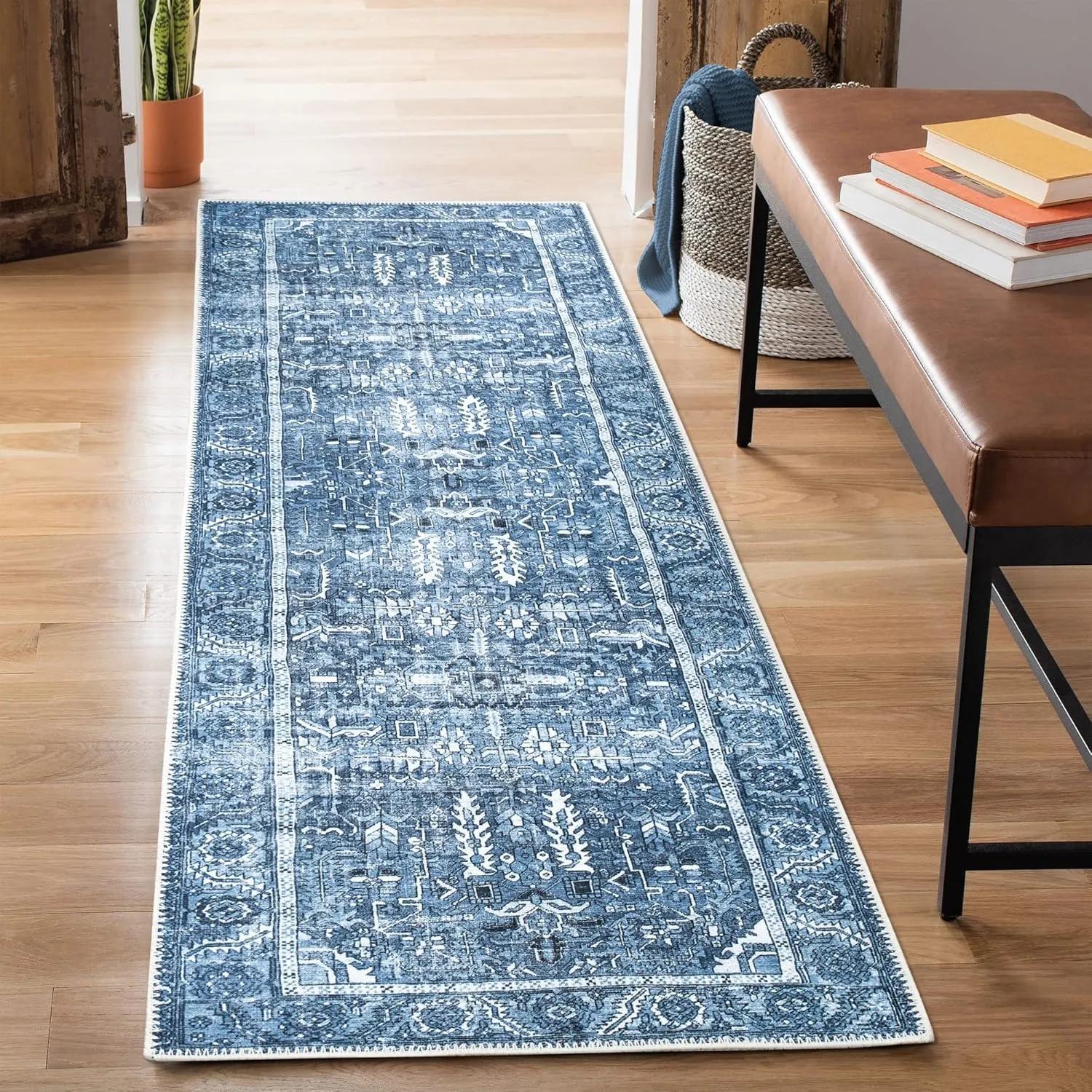 Bloom Rugs Washable Non-Slip 7 ft Runner - Blue Traditional Runner for Entryway, Hallway, Bathroom, and Kitchen - Exact Size: 2.5' x 7'