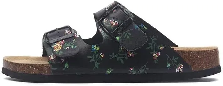 Buckle flat cork slippers summer men's and women's beach line button increase outdoor leisure slippers (Black Rose, Adult, Women, 7, Numeric Range, US Footwear Size System, 10, Medium)