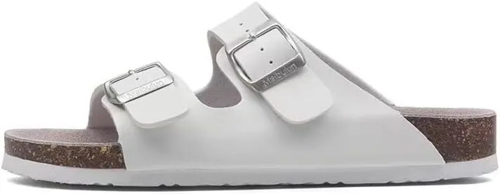 Buckle flat cork slippers summer men's and women's beach line button increase outdoor leisure slippers (White, Adult, Women, 8.5, Numeric Range, US Footwear Size System, 10, Medium)